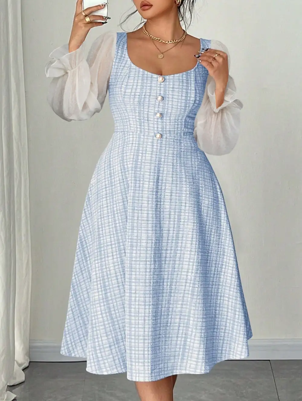 Chiffon Patchwork Sleeve Backless High Waisted Dress