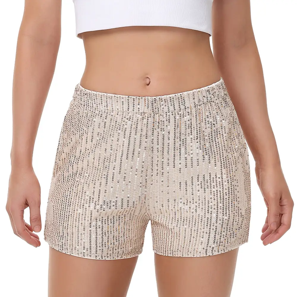 High-Waist Elastic-Waist Pocketed Straight Sequin Shorts