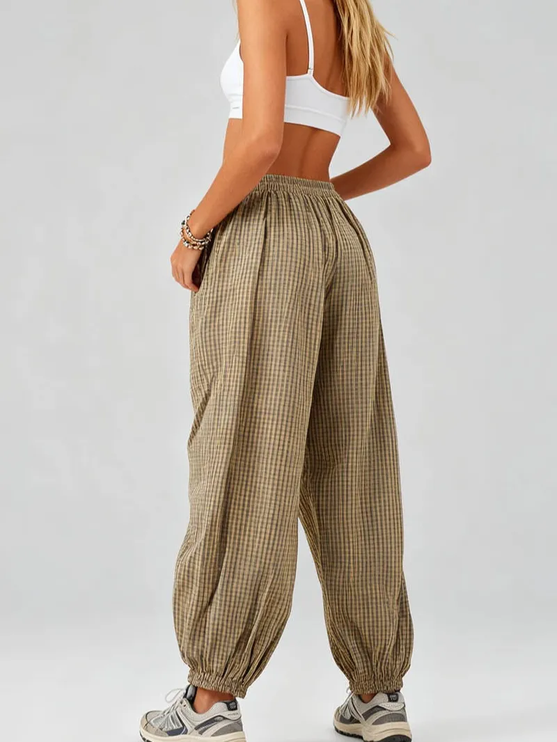 Checked Elastic Waist Drawstring Lantern Pants