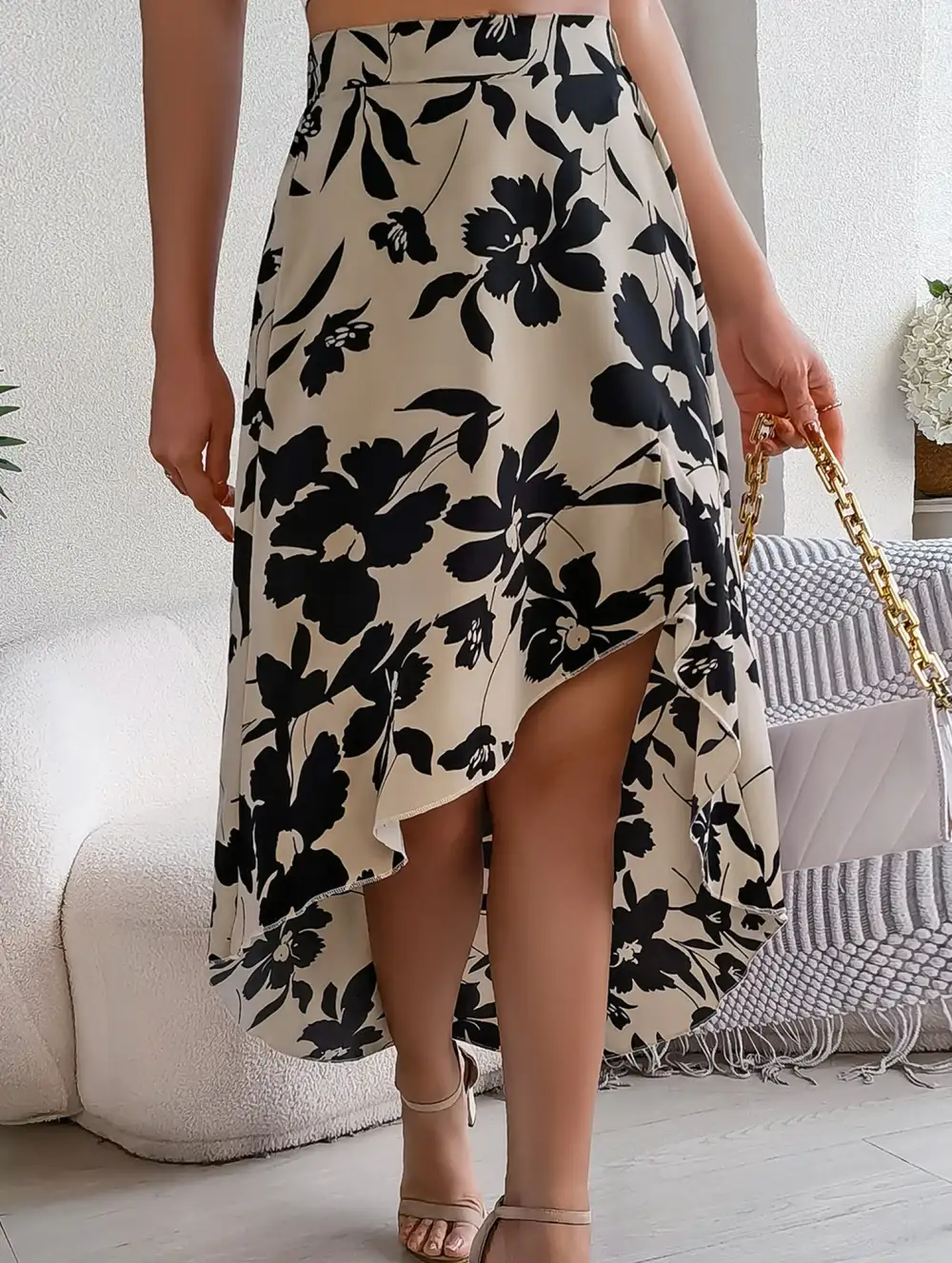 Floral Ruffle Irregular Midi Skirt