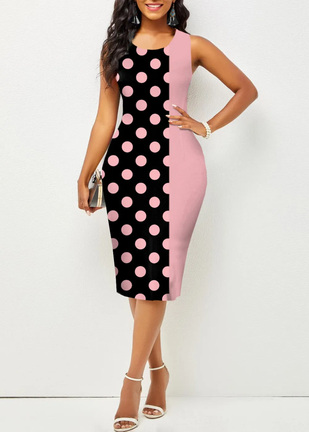Polka Dot Sleeveless Round Neck Bodycon Dress