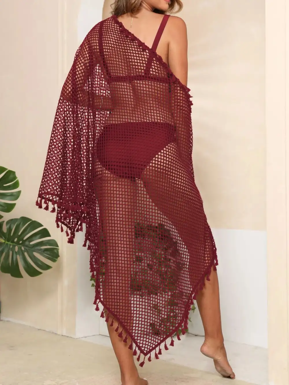 Tassel Openwork Open Front Swim Cover Up