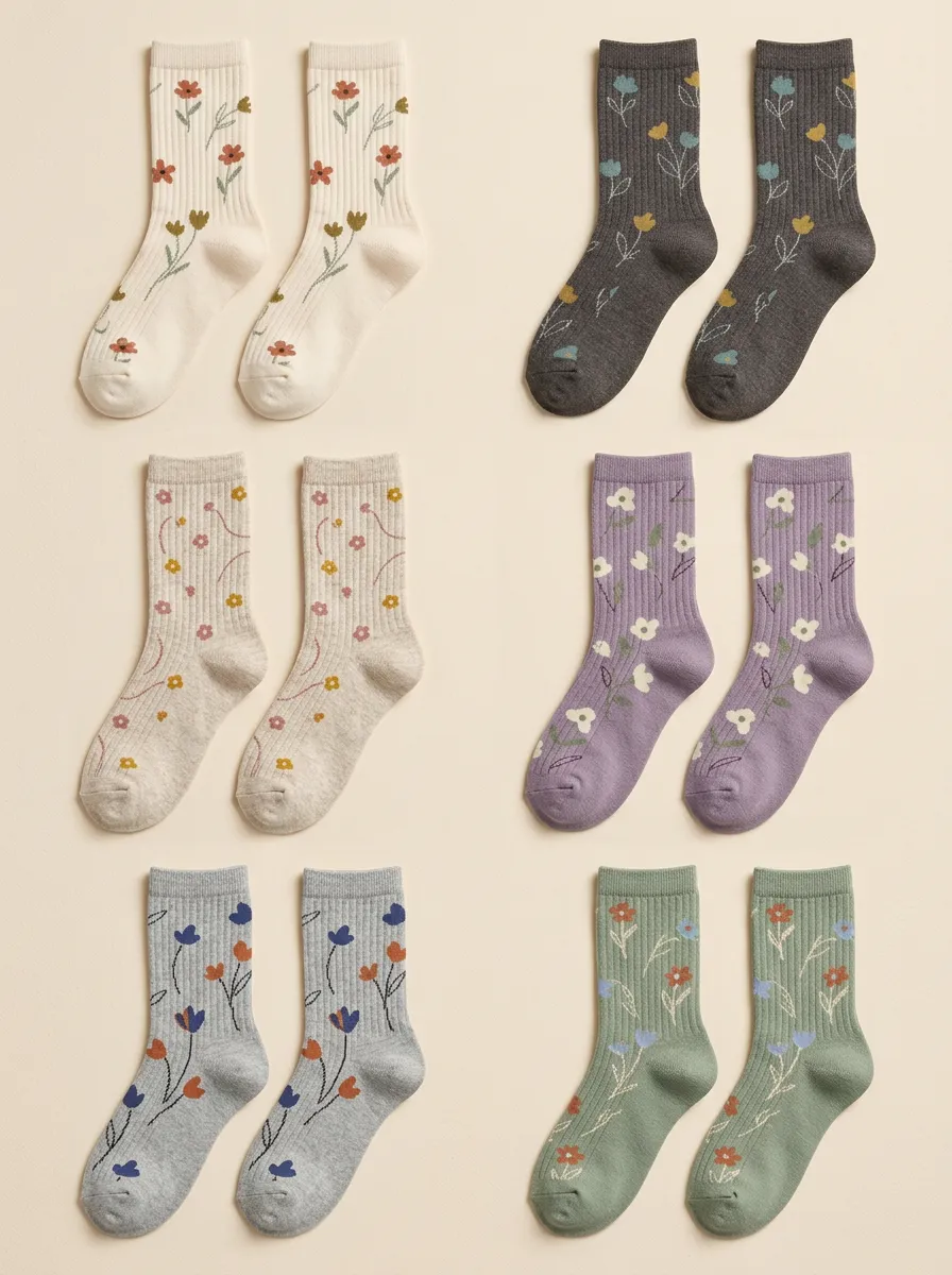 Women's Floral Ribbed Mid Calf Crew Socks Six Pair Set