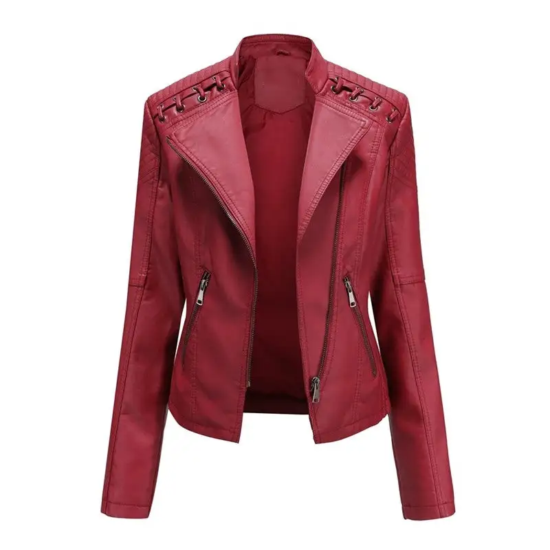 Lapel Faux-Leather Leather Casual Outerwear Jacket