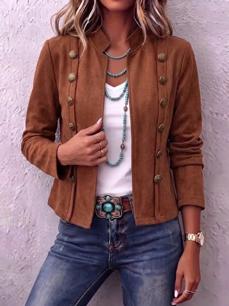 Stand Collar Double-breasted Suede Vintage Cropped Jacket