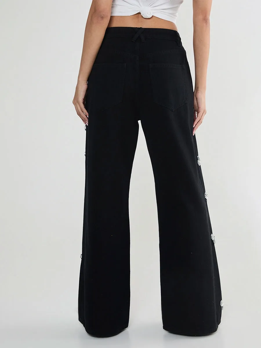 Women's Black Rhinestone Flower-Accent Wide-Leg Pants