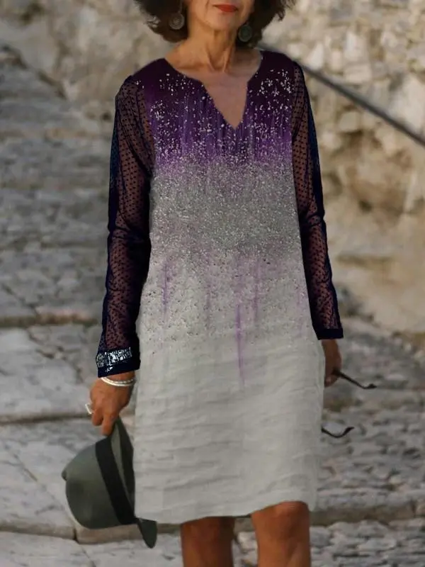 Printed V-neck Lace Splicing Dress
