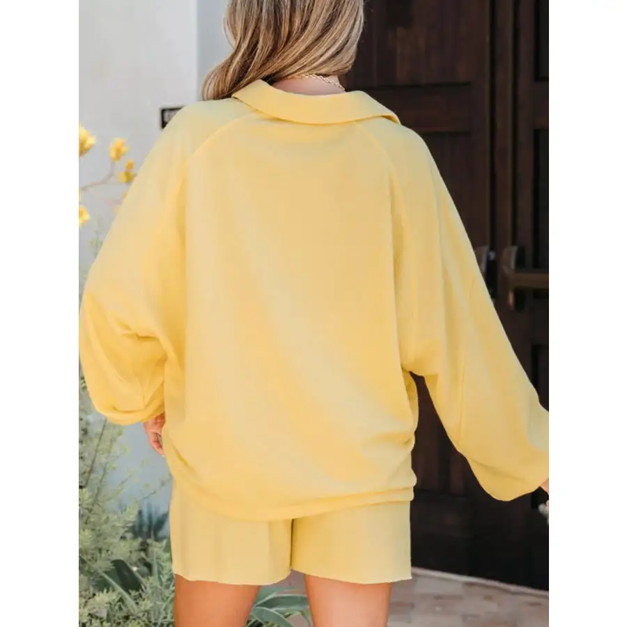 Button Collar Drop Shoulder Top and Shorts 2pcs Set