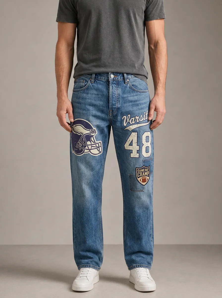 Men's American Football Varsity 48 Helmet Printed Jeans