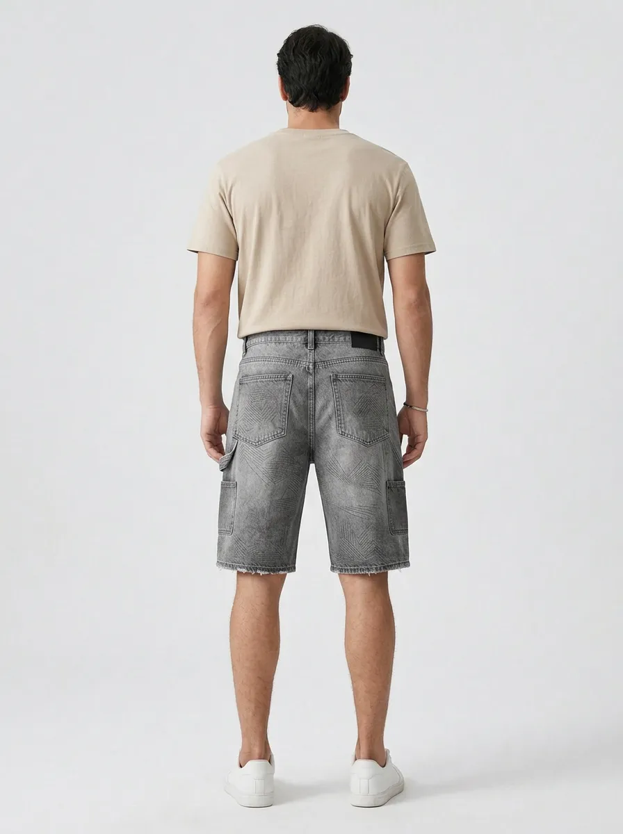 Men's Geometric Raw Hem Street Inspired Line Graphic Distressed Denim Shorts