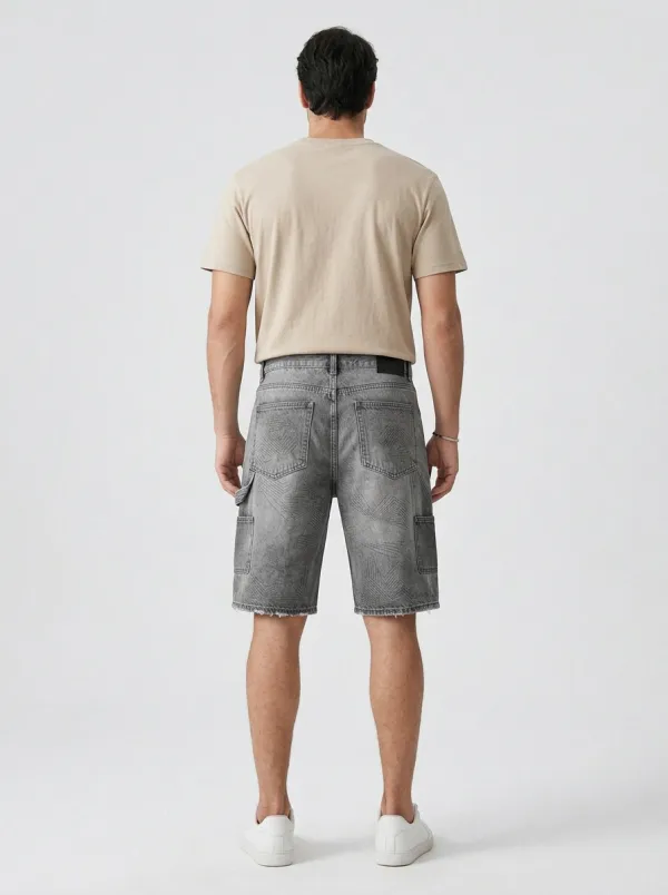 Men's Geometric Raw Hem Street Inspired Line Graphic Distressed Denim Shorts