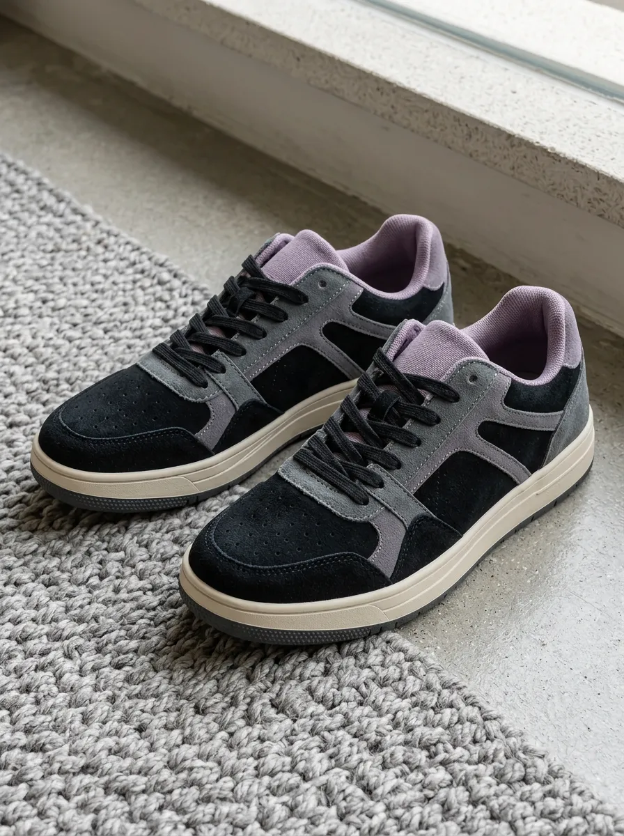 Women's Black Grey Purple Colorblock Suede Printed Sneakers