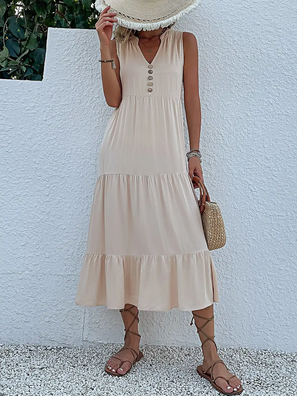Notch-Neck Buttoned Sleeveless Tiered Midi Dress
