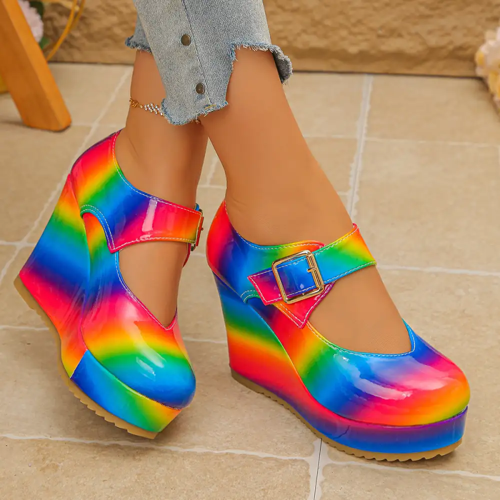 Colorful Round Toe Wedge Mary Jane Loafers Shoes