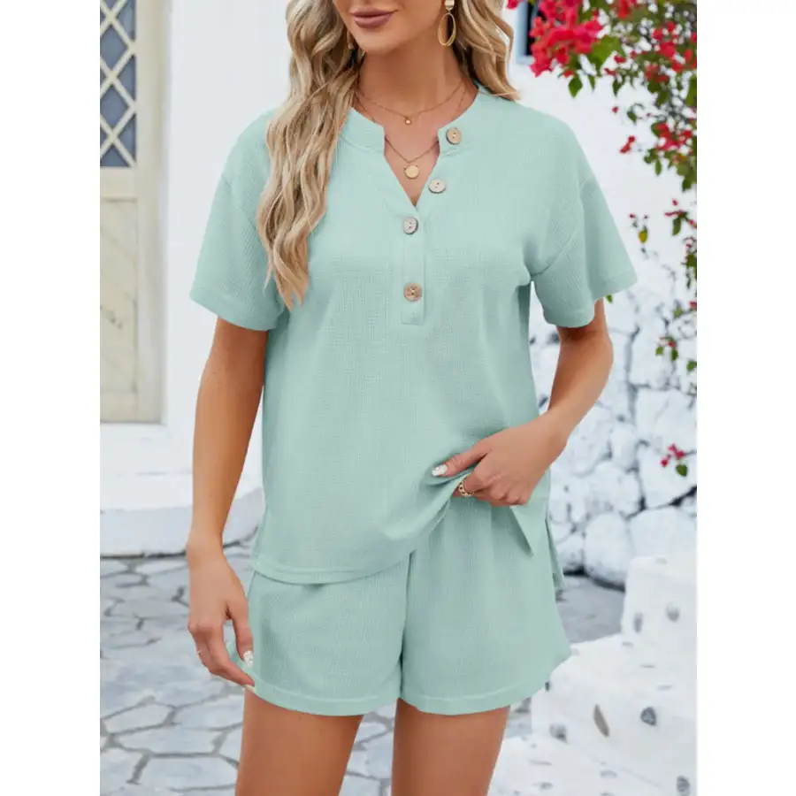 Casual Button Detail Ribbed Top and Shorts Two Piece Set