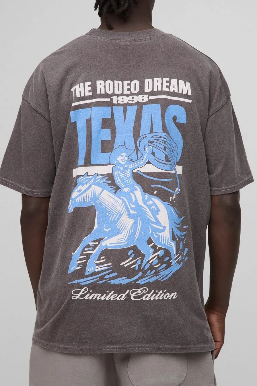 Chocolate Oversized Extended Neck Washed Texas Rodeo Crew Neck T-Shirt