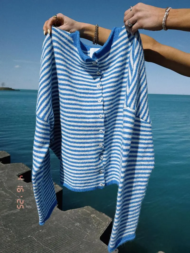 Women's Striped Casual Long Sleeve Loose Knit Sweater, Lightweight Fall & Winter Fashion, Button Front Open Front Design