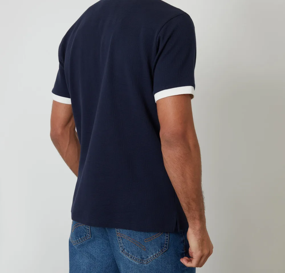 Men's Navy Open-Collar Waffle Polo Shirt