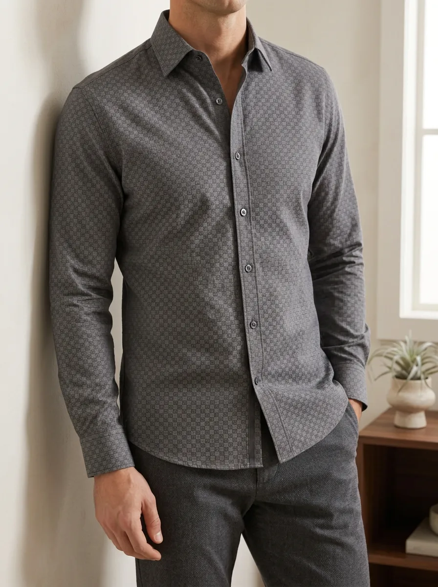 Men's Business Casual Grey Geometric Pattern Printed Slim Fit Shirt