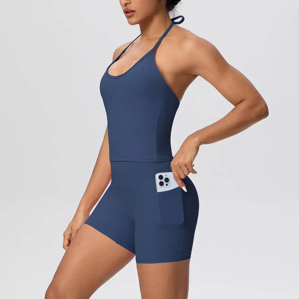 Halter-Neck Backless Top, Vest and Shorts Active Set