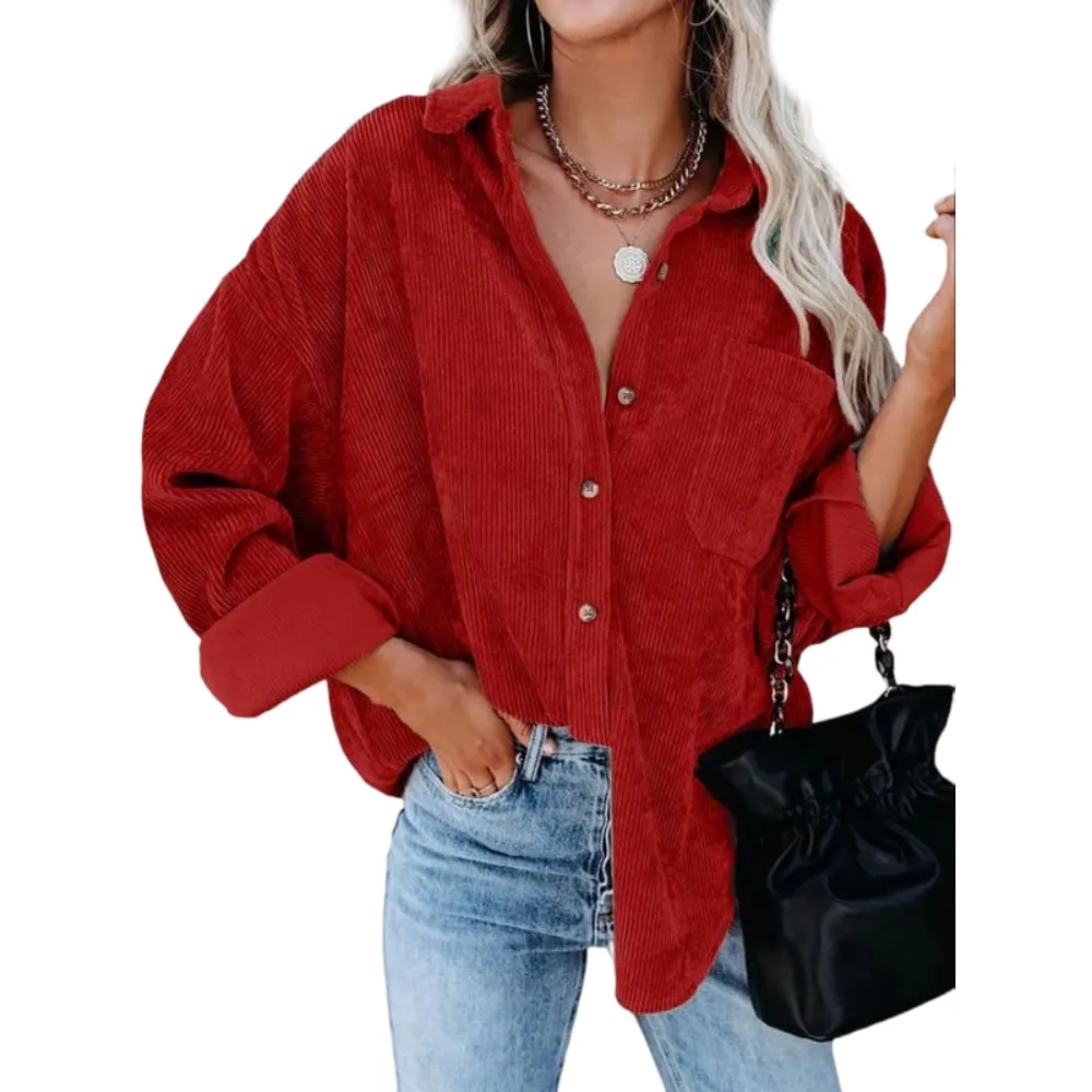 Women's Plain Pocket Button Front Corduroy Shirt