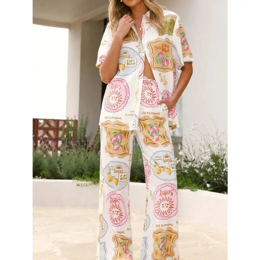 Simple Printed Button Up Shirt and Pants Set