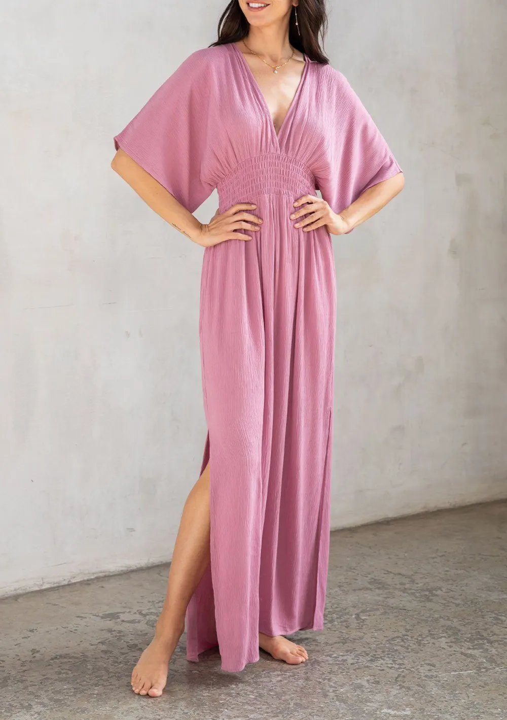 Side Slit V-Neck Half Sleeve Dress