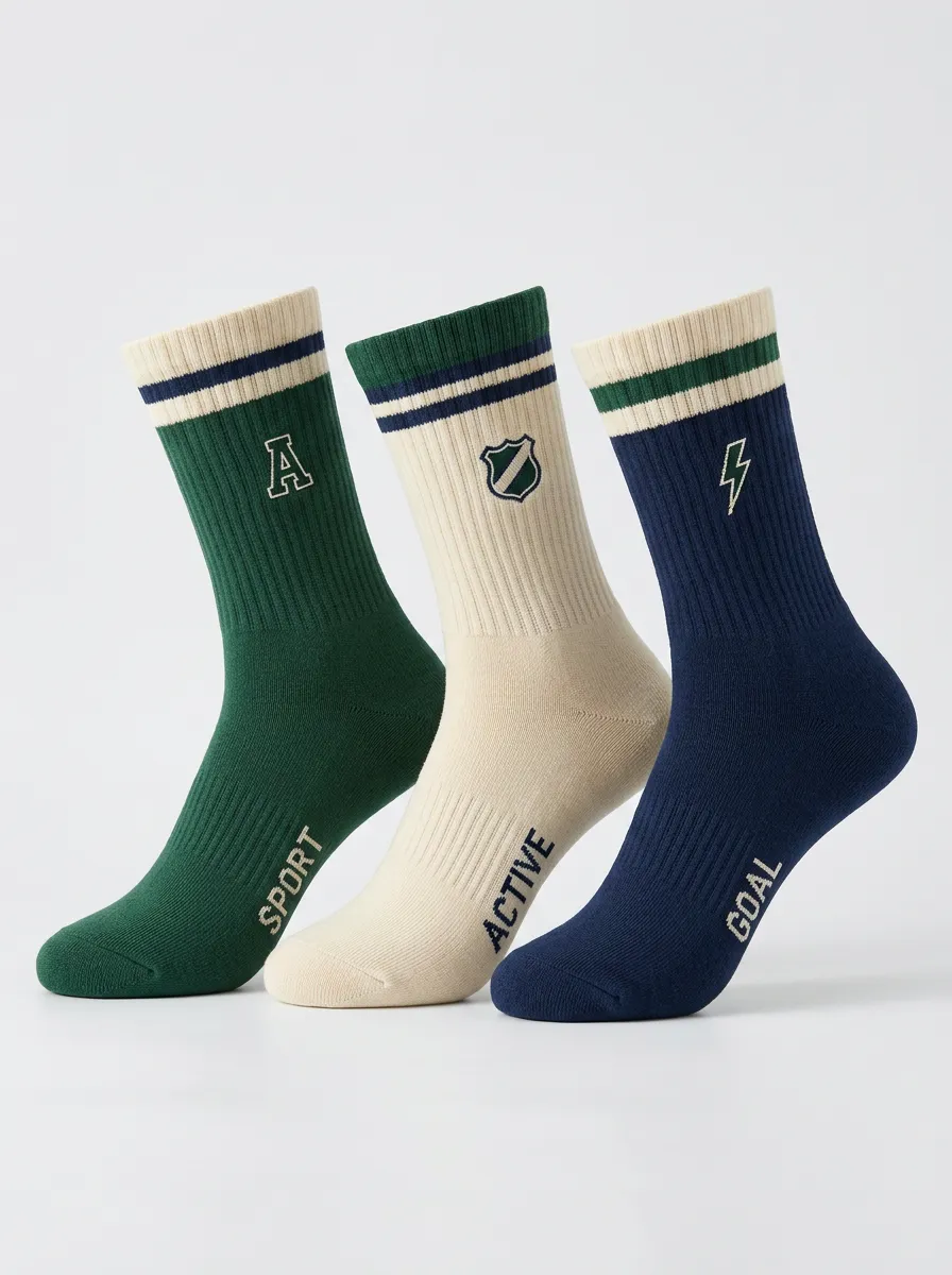 Unisex Relaxed Daily Three-Pair Embroidered Crew Socks