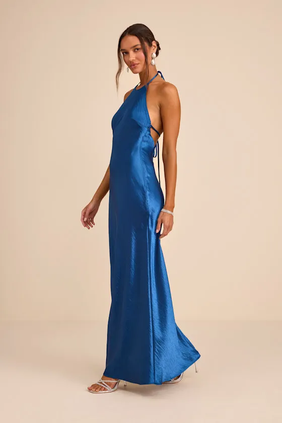 Magnificence Blue Satin Backless Halter Maxi Dress