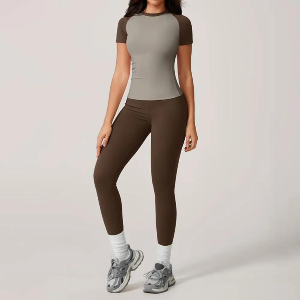 Women's Raglan Sleeve Color Block Fitted Top & Leggings Set