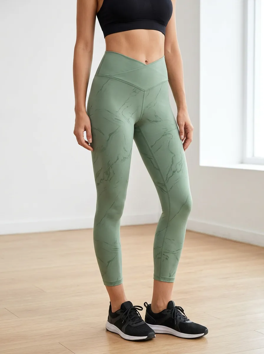 Women's Marble Print Yoga V-Shaped Crossover Waistband Design Yoga Leggings
