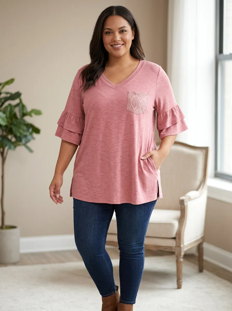 Women's Plus Size Leaf Pocket Printed V-Neck Loose T-Shirt