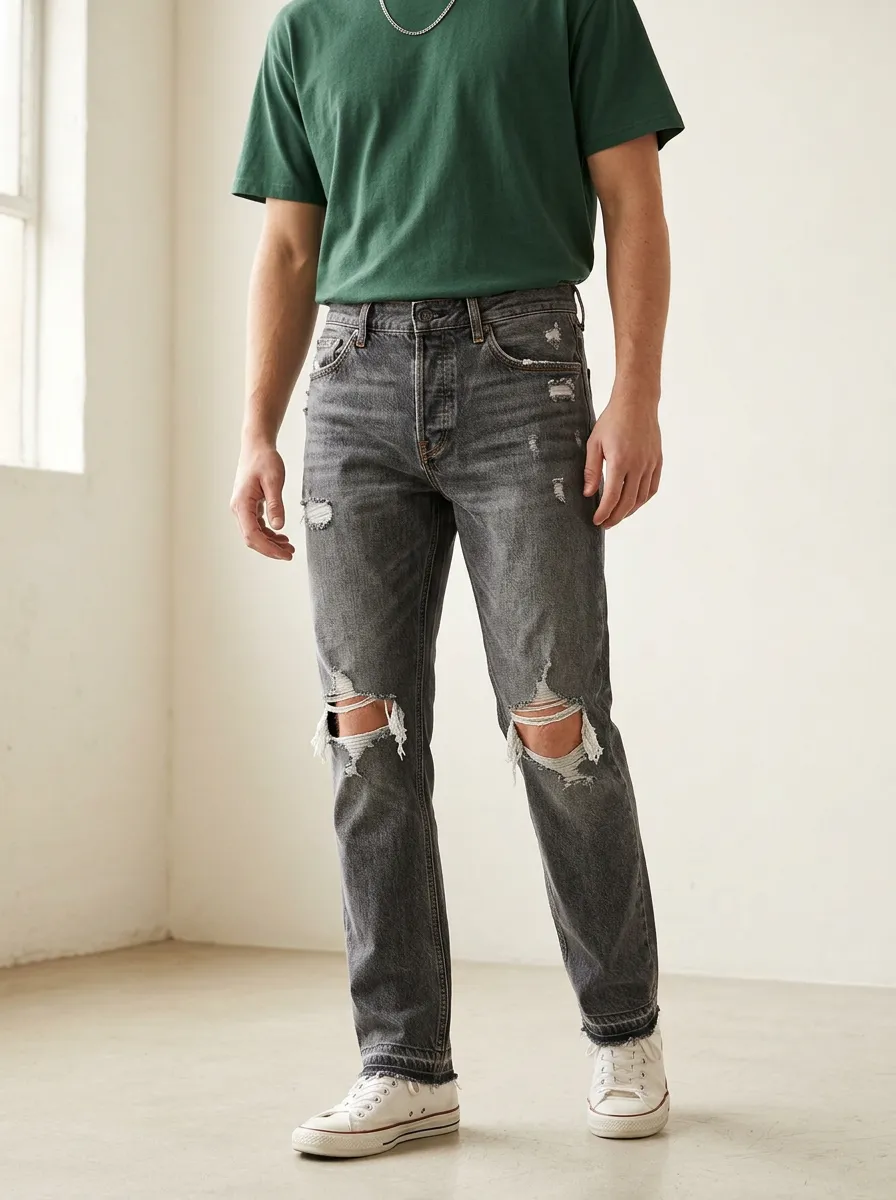 Men's Washed Ripped Jeans Featuring Five Pocket