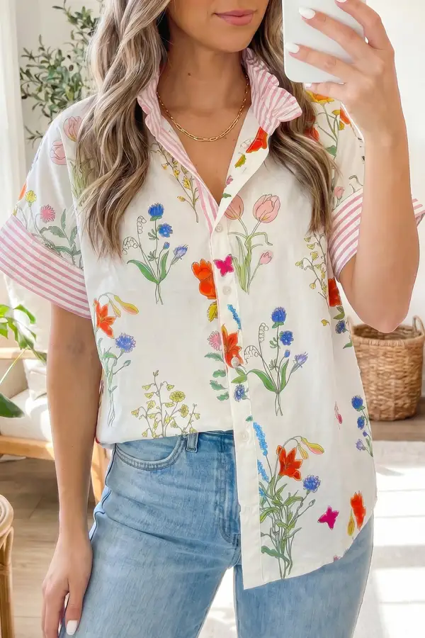 Relaxed Floral Ruffle Sleeve Casual Shirt