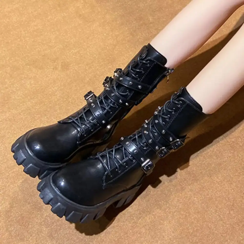 Refined Buckled Lace Up Combat Boots