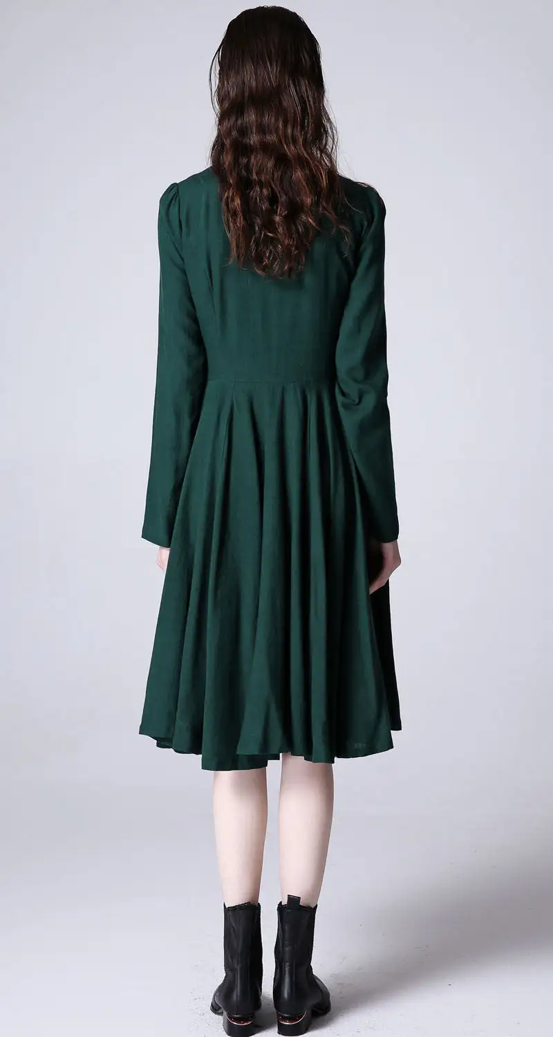 Refined Linen Fit And Flare Swing Long Sleeve Midi Dress