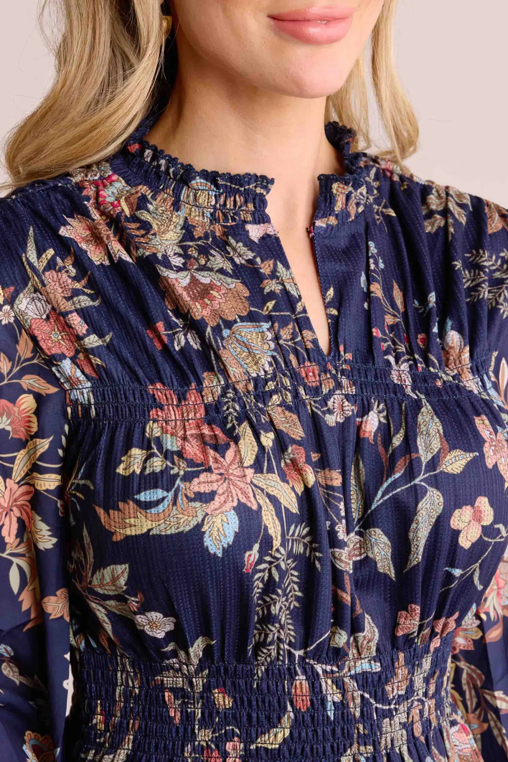 Navy Floral Print Gathered Waist Tie-Neck Blouse