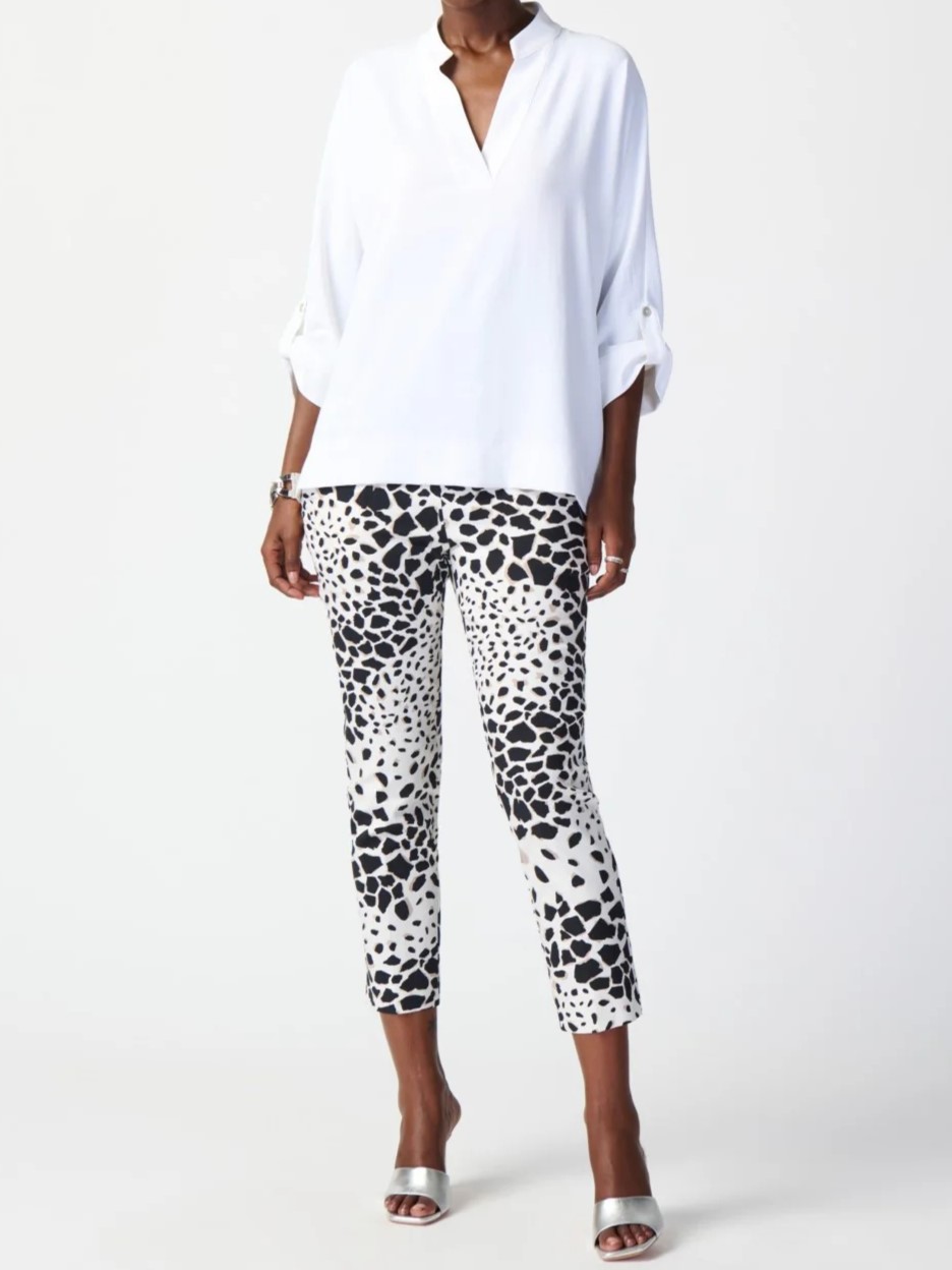 White V - Neck Roll - Sleeve Blouse