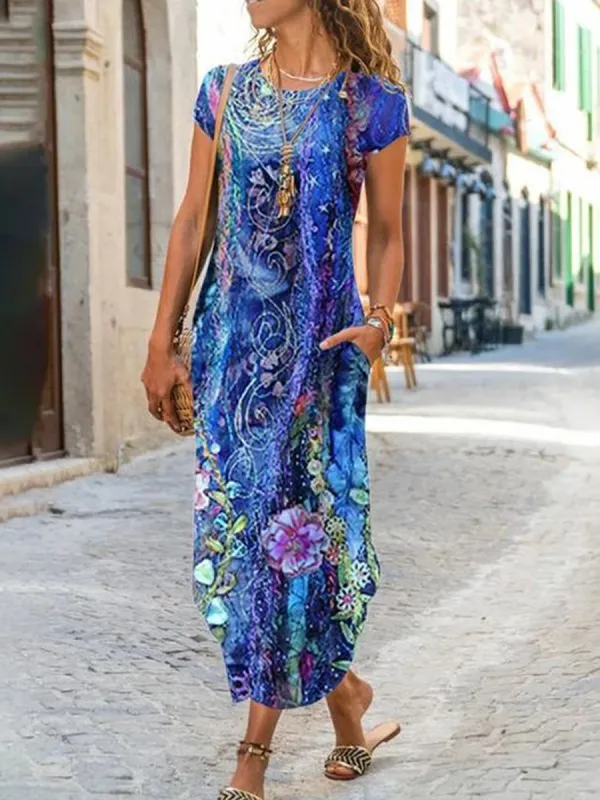 Round Neck Casual Loose Printed Short Sleeve Midi Dress