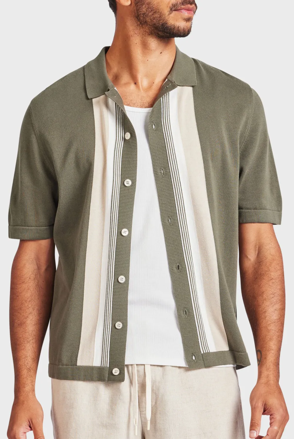 Joey Stripe Knit SS Shirt- Smoke pine