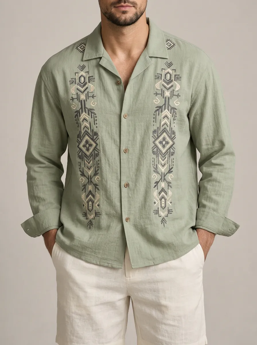 Men's Tribal Boho Embroidered Long Sleeve Shirt