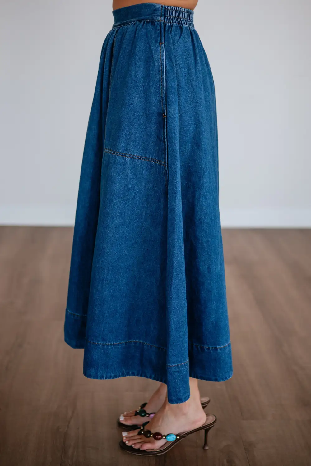 Denim Cotton Elastic Waist Midi Skirt
