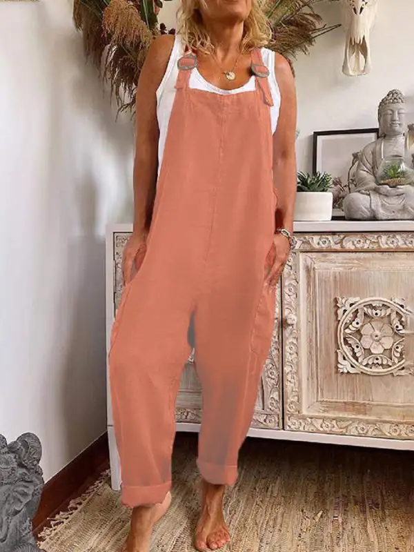 Wide Leg Adjustable Buckle Cotton Linen Jumpsuit