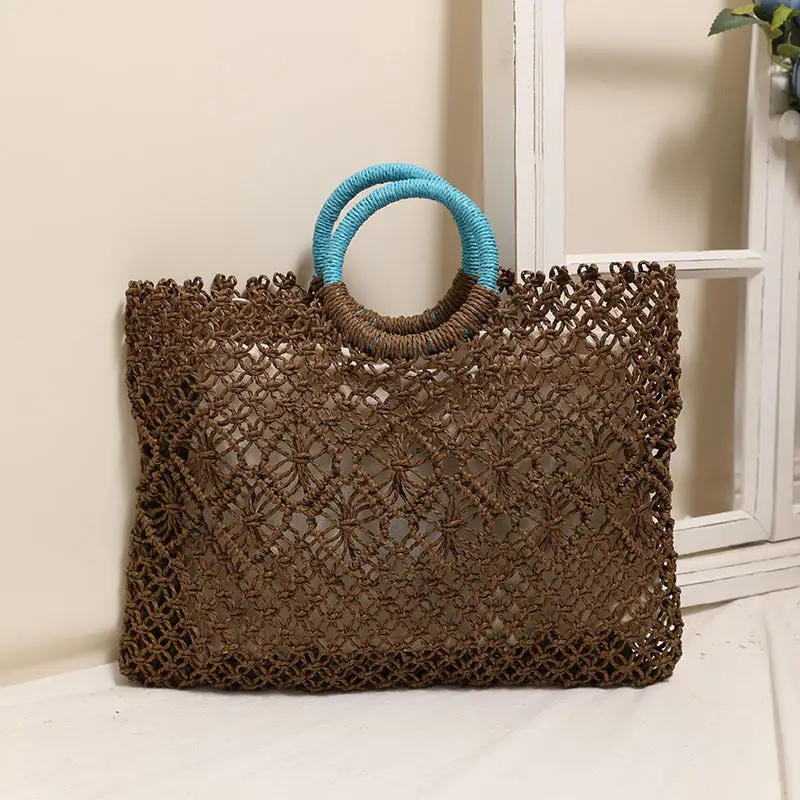 Round Handle Square Woven Straw Bag Hollow Weave Bag