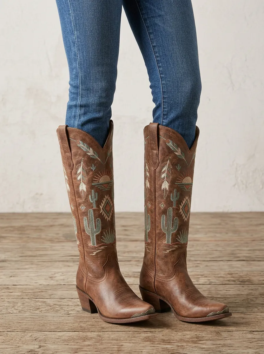 Women's Western Cactus Sun Wing Feather Embroidered Pointed-Toe Denim Over-the-Knee Boots