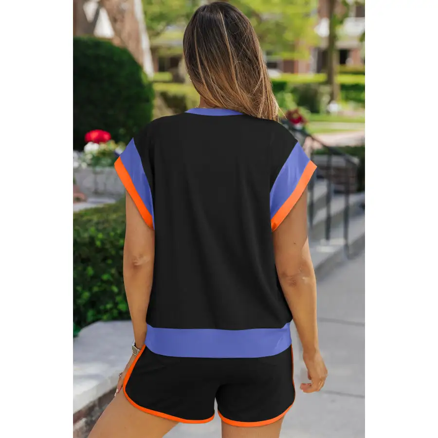 Relaxed Contrast Round Neck Top and Shorts Set