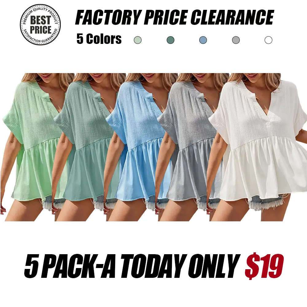 🔥 Women's Summer V-Neck Babydoll Tops | Short Sleeve Pleated Flowy Blouse