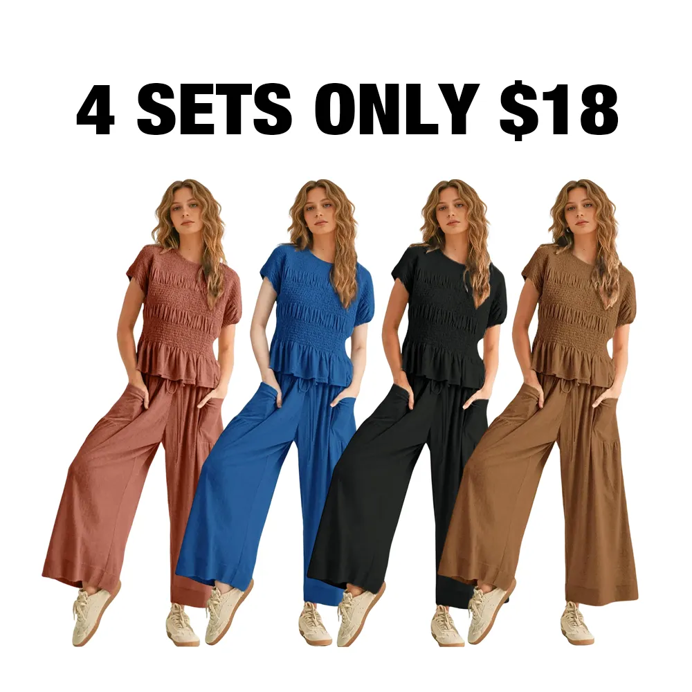 Women's Boho Chic Pleated Top & Wide-Leg Set