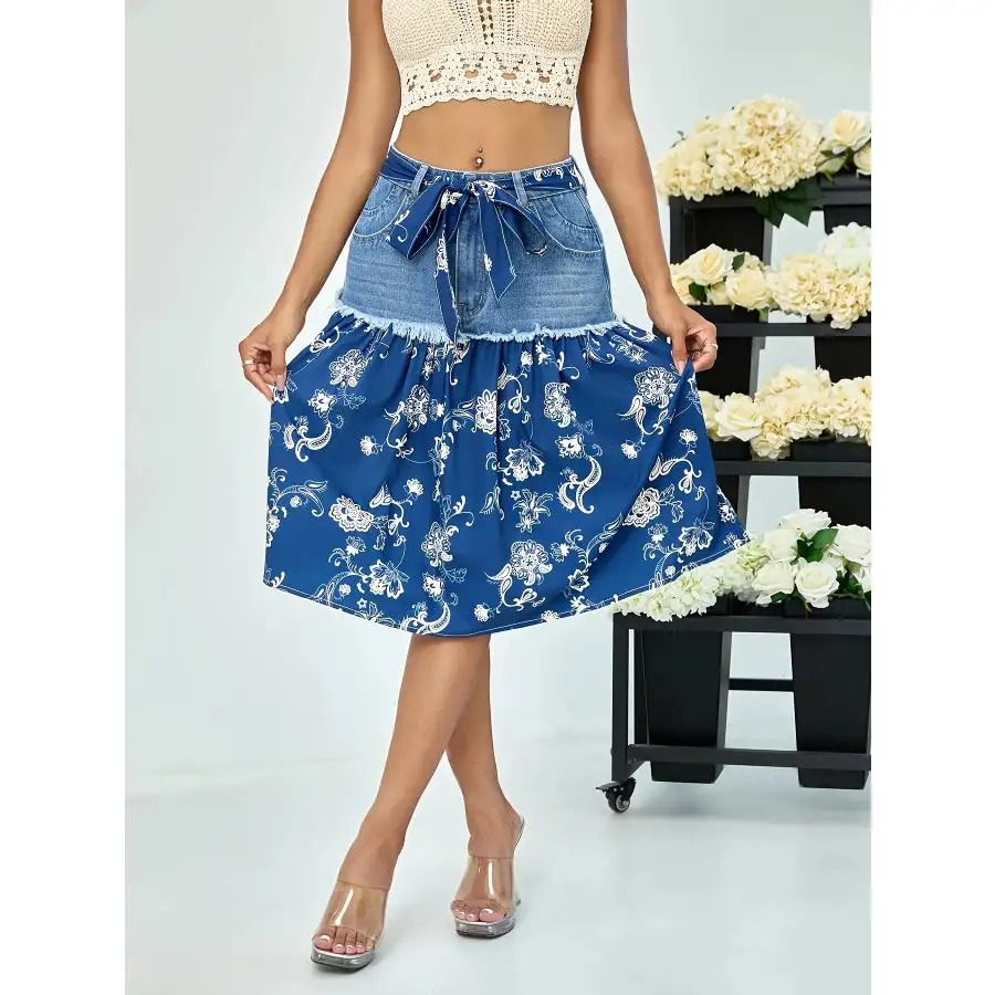 Denim Skirt with Frayed Hem Detail