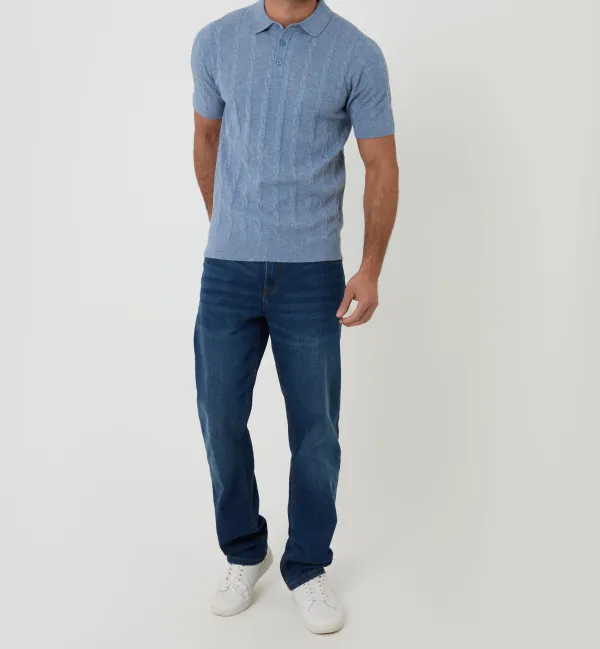 Men's Light Blue Cable Stripe Knitted Button Polo